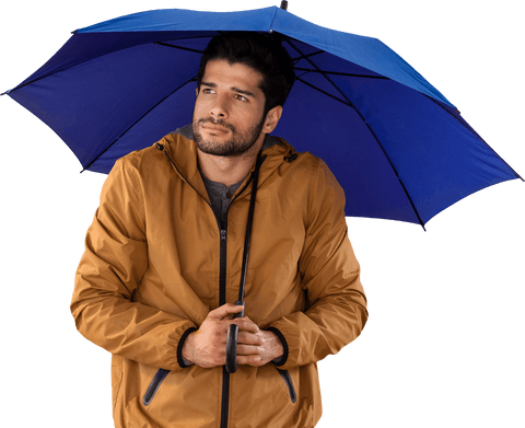 Person holding transparent blue umbrella indoors