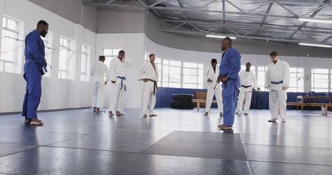 Diverse group practicing martial arts in gym setting