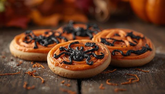 Halloween Cookies with Black Spider Icing on Wooden Table