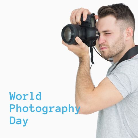 caucasian male photographer celebrating world photography day - Download Free Stock Templates Pikwizard.com