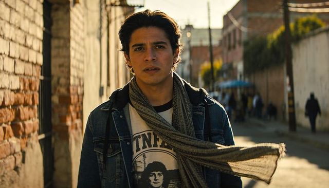 Walking man wearing denim jacket and flowing scarf in sunlit urban alley