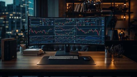 Modern office workspace online trading with multiple stock trading monitors