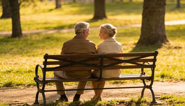 Senior couple sitting on park bench, chatting and leaning close during golden hour