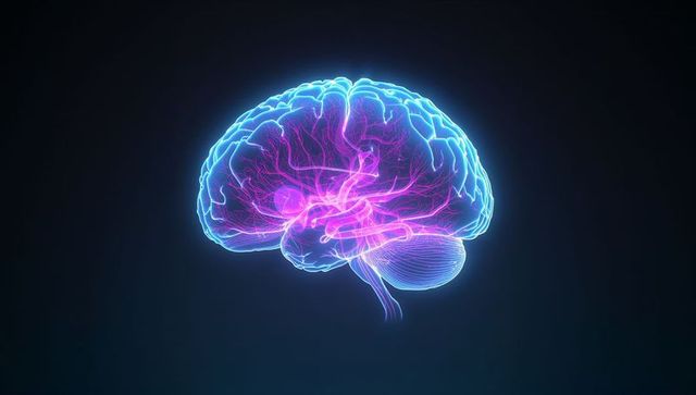 Futuristic holographic brain model with neon neural filaments