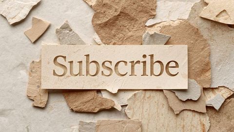 Featuring subscribe cutout on layered torn paper collage with warm beige tactile texture