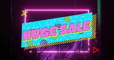 Neon retro huge sale banner with tropical palm silhouettes and 80s memphis graphics