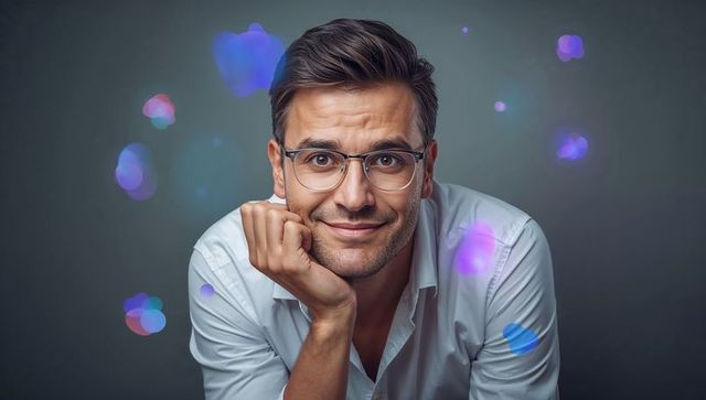 Friendly businessman leaning on hand smiling wearing clear glasses colorful bokeh