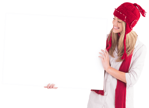 transparent woman smiling holding blank white poster in winter attire - Download Free Stock Videos Pikwizard.com