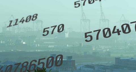 Abstract Digital Numbers Overlay on Cityscape Industrial Skyline - Download Free Stock Images Pikwizard.com