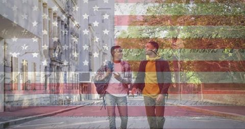 Diverse Couple Walking with American Flag Overlay