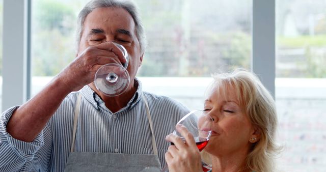 A senior Caucasian couple enjoys a glass of wine together in a bright, airy room, with copy space. Their relaxed demeanor and shared activity suggest a moment of leisure and connection.