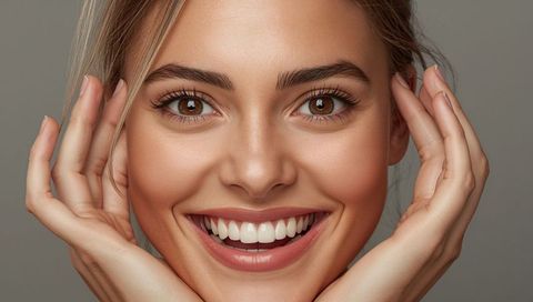 Smiling young woman framing face with hands closeup for beauty skincare and makeup