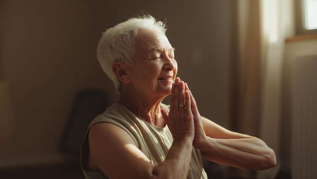 Senior woman meditating in sunlight with hands in prayer pose, peaceful home moment