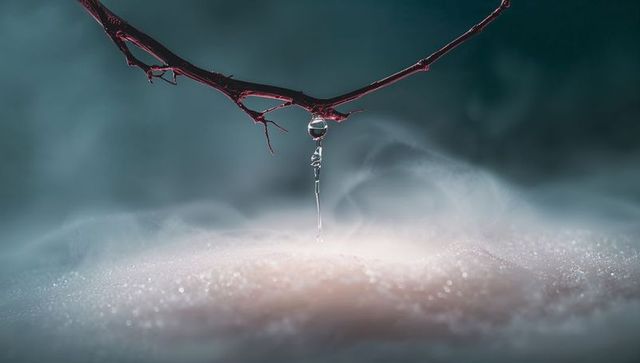Macro of water droplet suspended from branch in misty ambiance