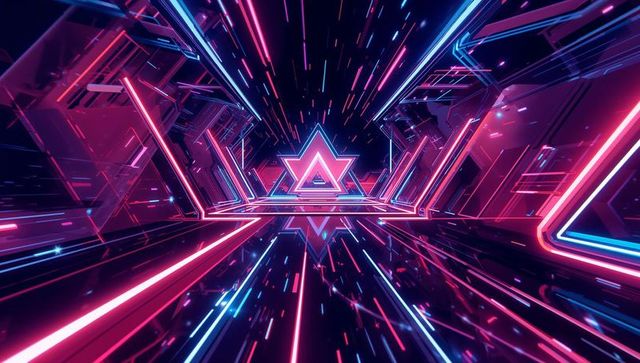 Futuristic Neon Archway with Streaming Light Particles in Abstract Corridor