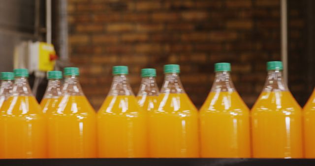 Close up of multiple transparent bottles with orange fluid in bottle factory. Global business and bottle factory.