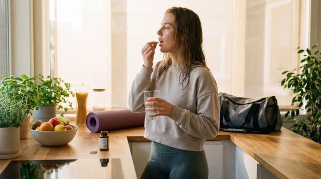 Morning wellness routine woman taking supplement with water at kitchen counter, yoga mat