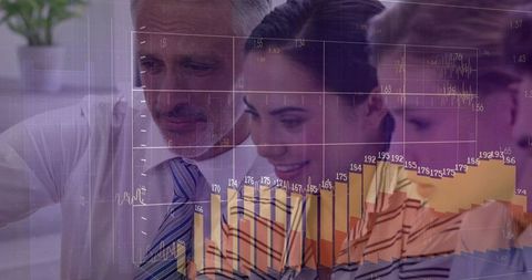 Executives and team analyzing financial charts with data visualization overlay for strategy