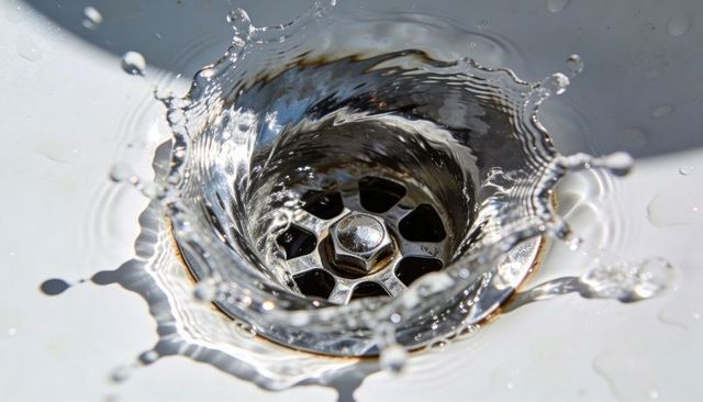 Close-up swirling metal sink drain forming splash crown with rippling reflective water vortex