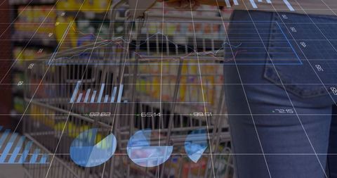 Shopper pushing cart in supermarket with retail analytics overlay and data visualization