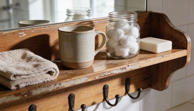 Rustic wooden shelf holding bathroom essentials with jar of cotton balls, mug, soap
