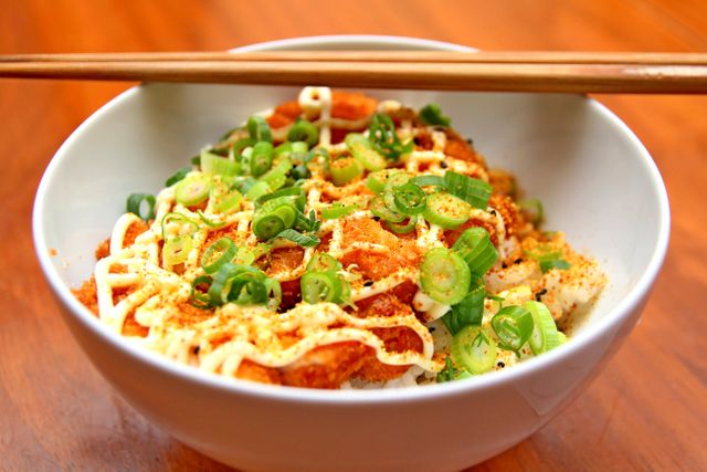 Delicious Kobachi Fish Rice Bowl with Scallions and Creamy Sauce - Download Free Stock Photos Pikwizard.com