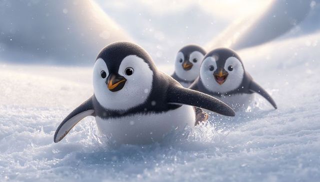 Playful penguin chicks sliding across sparkling polar snow, kicking up ice crystals