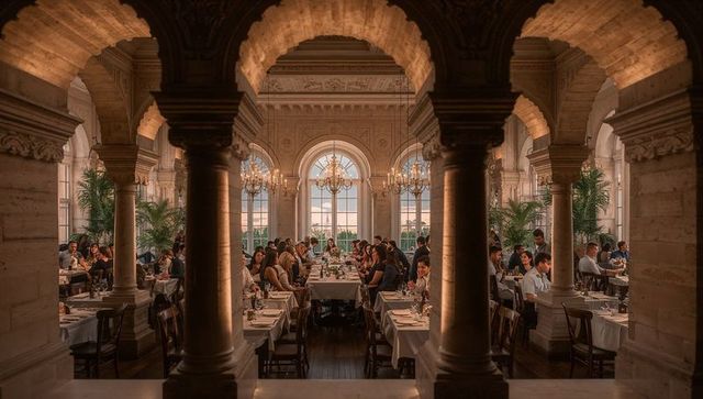 Guests dining in ornate historic banquet hall under chandeliers at golden-hour glow