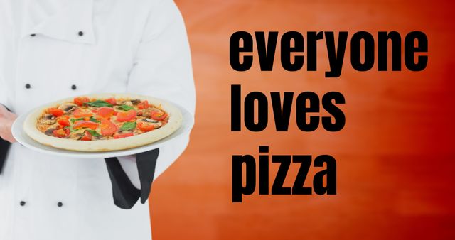 Midsection of caucasian chef holding delicious pizza with everyone loves pizza text, copy space. Digital composite, national pizza day, celebration, explore pizza and different flavors, fast food.
