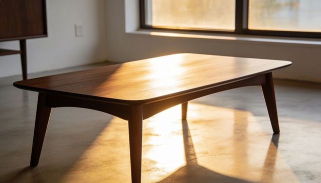 Midcentury modern low coffee table bathing in warm sunlight on polished concrete floor
