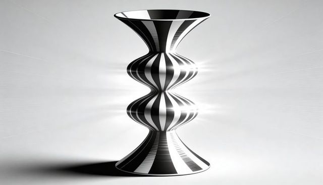 Glossy striped sculptural hourglass vase reflecting high-contrast light