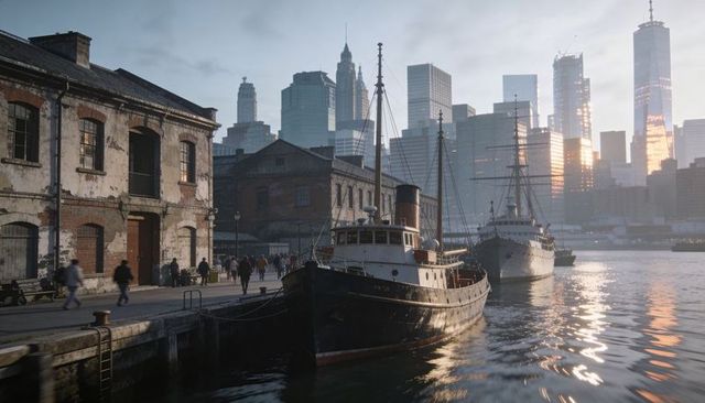 Historic steel tugboat moored at waterfront pier with brick warehouses and modern skyline