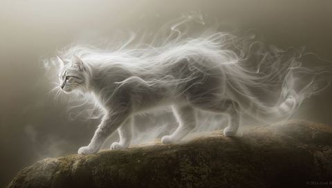 Ethereal white longhaired cat gliding on moss-covered rock with smoky mist wisps
