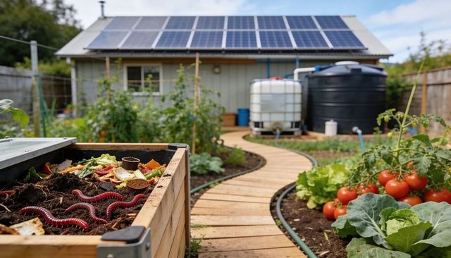 Red millipedes composting in backyard vegetable garden with solar panels and water tanks