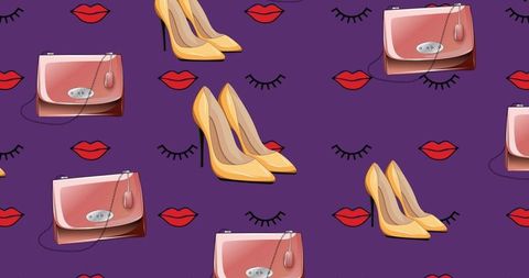 Fashion accessories pattern with shoes and handbags on purple background