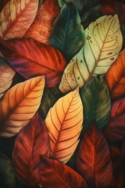 Vibrant and colorful autumn leaves in various shades provide visually captivating background or texture. This image can be used for seasonal greetings, social media posts, desktop wallpapers, or as a thematic decorative element in autumn-related projects or nature-inspired designs.