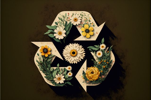 Recycling symbol with flowers on brown background, created using generative ai technology. Recycling and ecology concept digitally generated image.