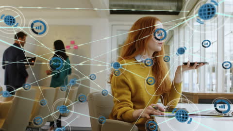 Businesswoman Utilizing Smartphone with Digital Network Overlay