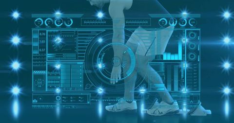 Athlete preparing sprint start with futuristic hud biometrics and performance analytics