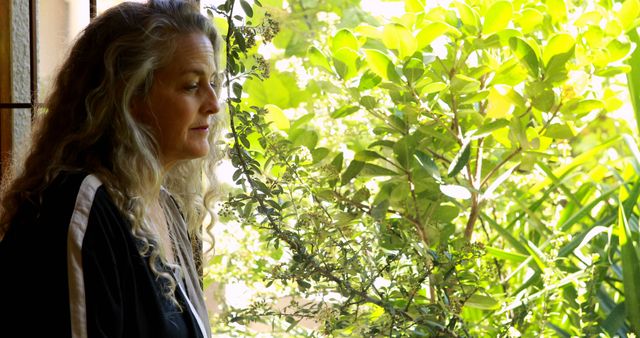 Woman Reflecting Near Bright Sunlit Window with Lush Greenery - Download Free Stock Images Pikwizard.com