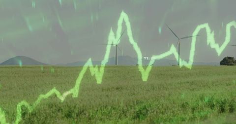 Neon Green Energy Graph Overlaying Wind Turbines in Rural Meadow Showing Data Trends