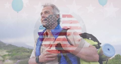 Patriotic Senior Hiking with American Flag Overlay
