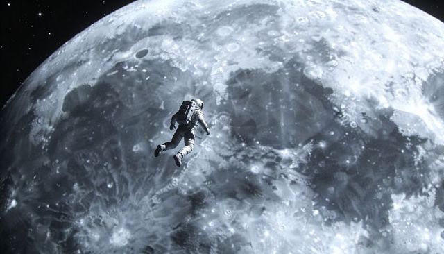 Astronaut drifting above giant cratered moon with helmet visor and starfield