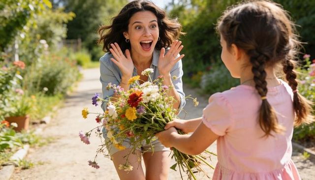 Surprised woman receiving wildflower bouquet from little girl in sunlit backyard garden