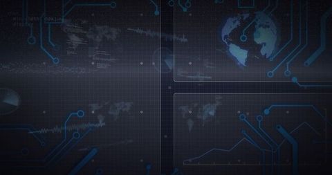 Futuristic digital dashboard displaying glowing globe, circuit traces, data charts and waveform HUD