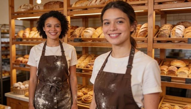 Smiling female bakers arranging artisanal loaves on wooden shelves in rustic bakery