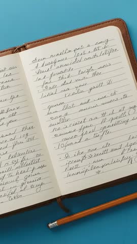 Tilting Vertical Video Revealing Open Leather-Bound Notebook and Pencil Resting on Blue Desk