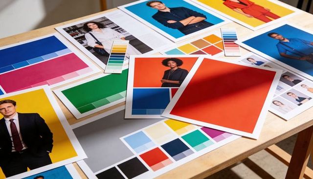 Displaying editorial headshots and vibrant color swatches on light wood table for branding