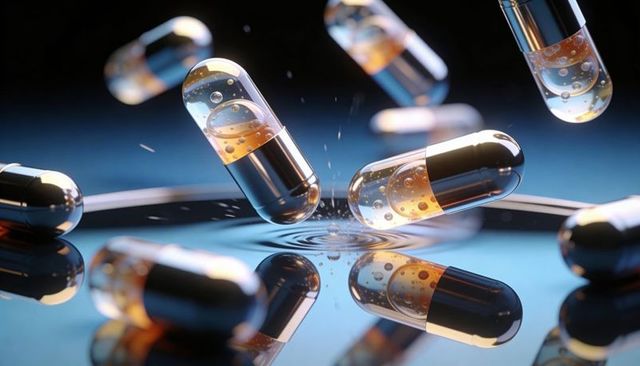 Floating metallic glass capsules creating ripple on reflective surface with amber droplets