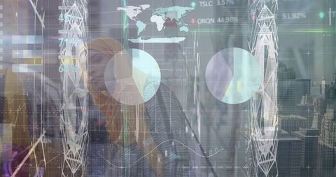 Muslim businesswomen amidst digital data and financial graphs